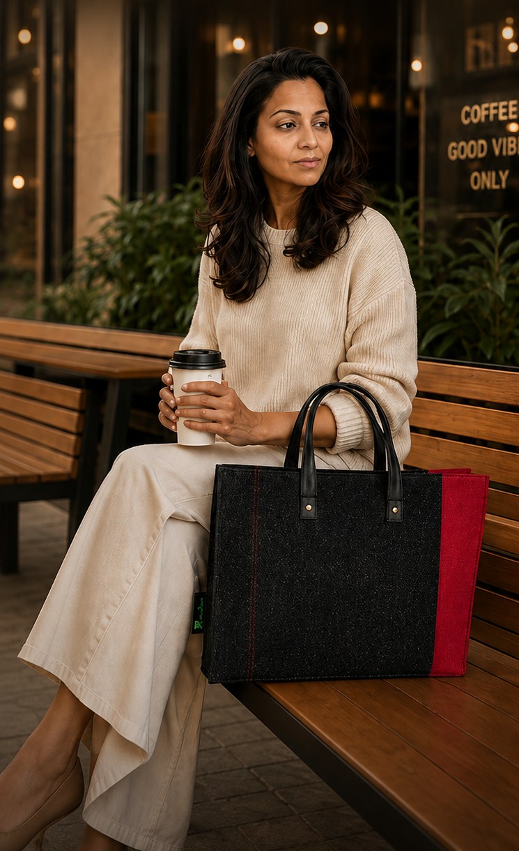 Woman with coffee and the jute tote on a cafe bench