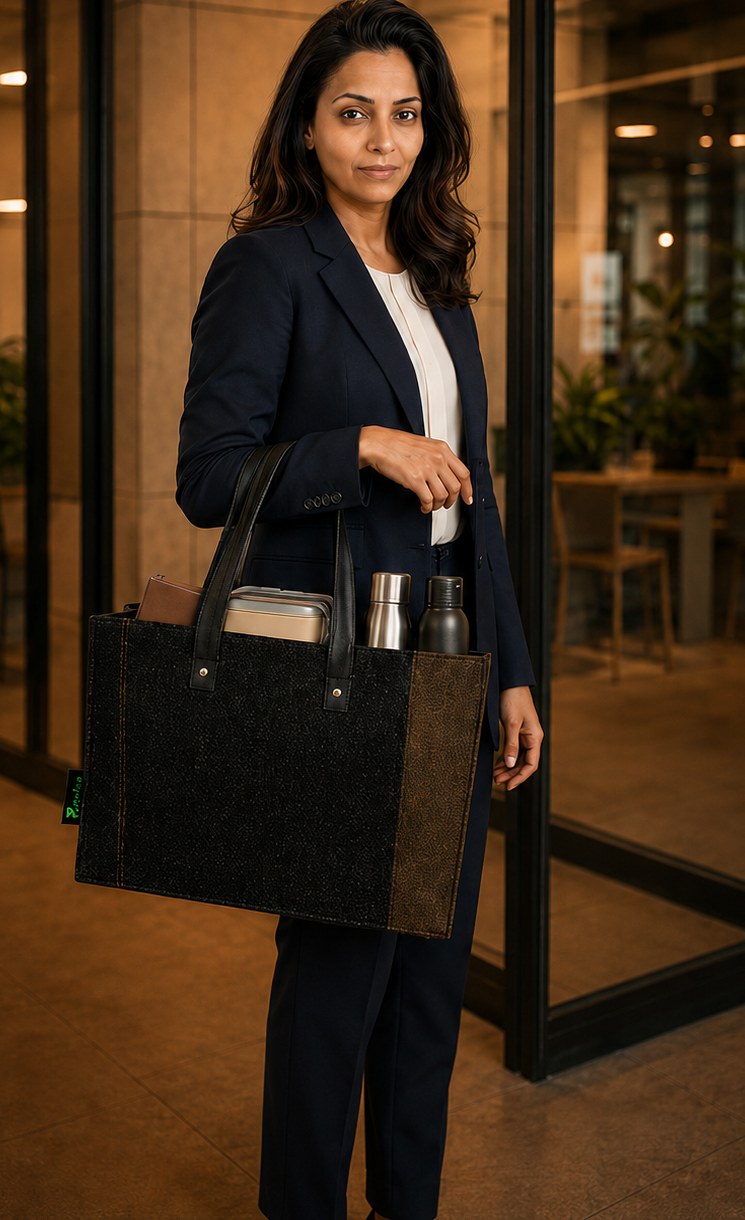 Woman carrying her office lunch in the jute tote