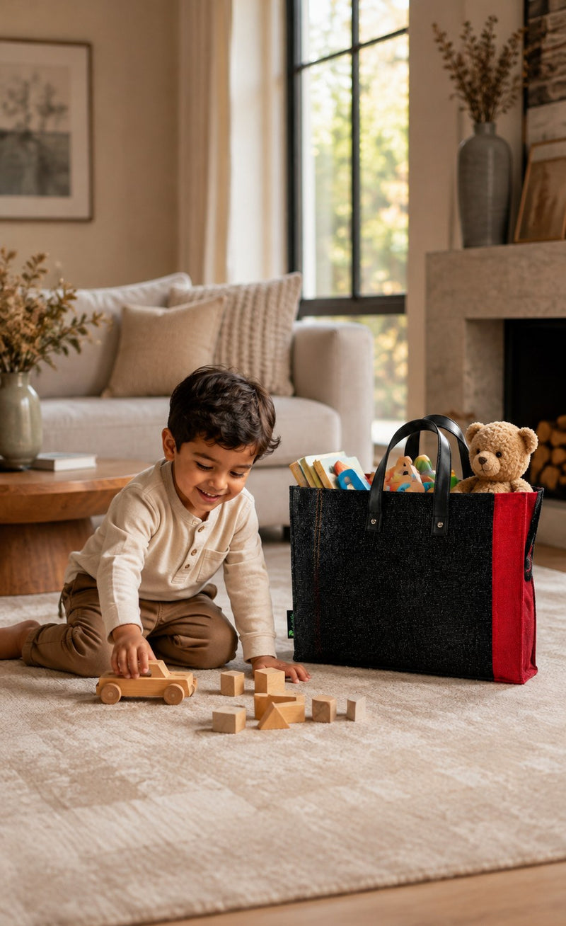 Child playing next to the jute tote filled with toys